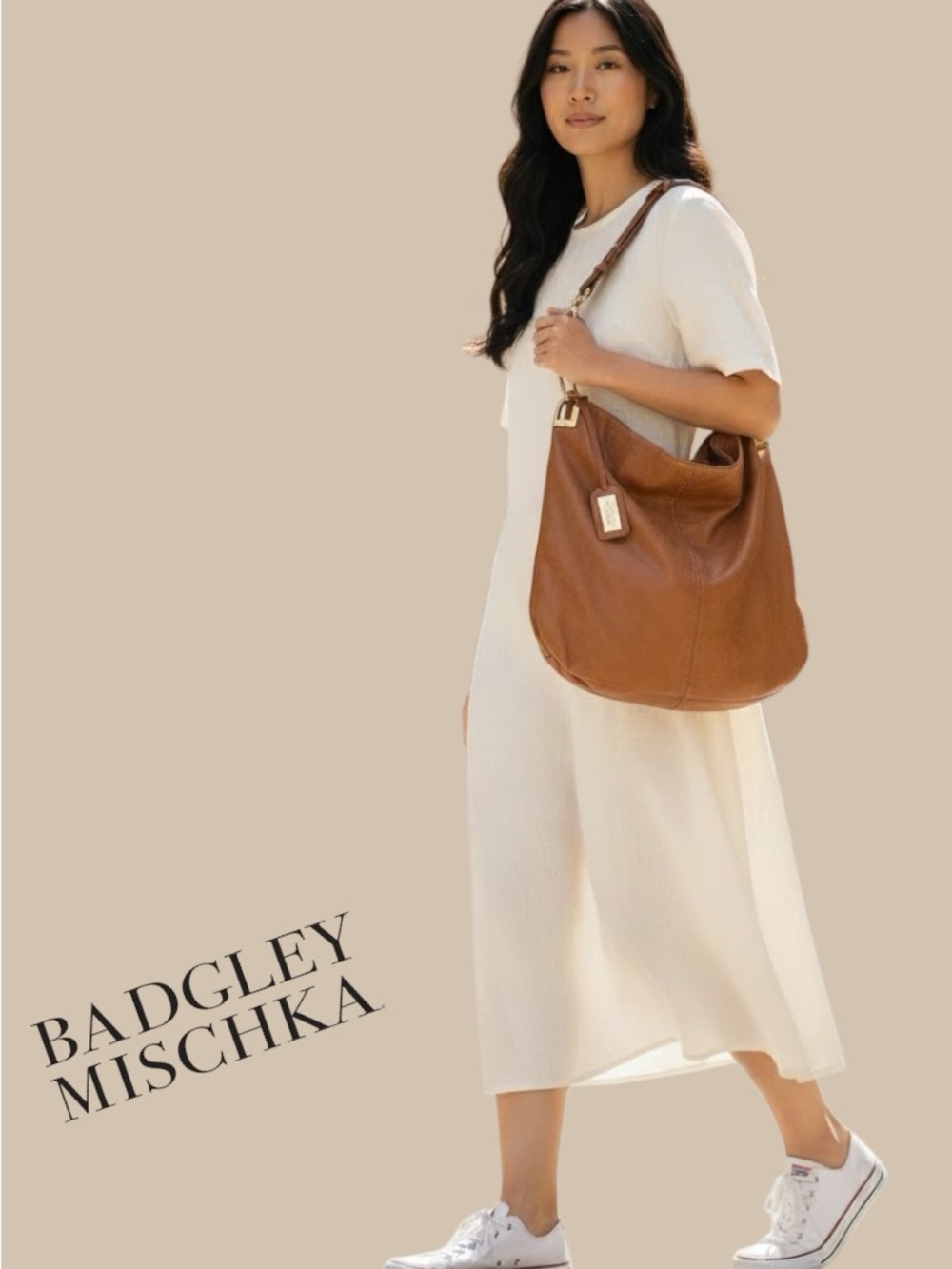 Badgley Mischka Tan Leather Shoulder Hobo Bag